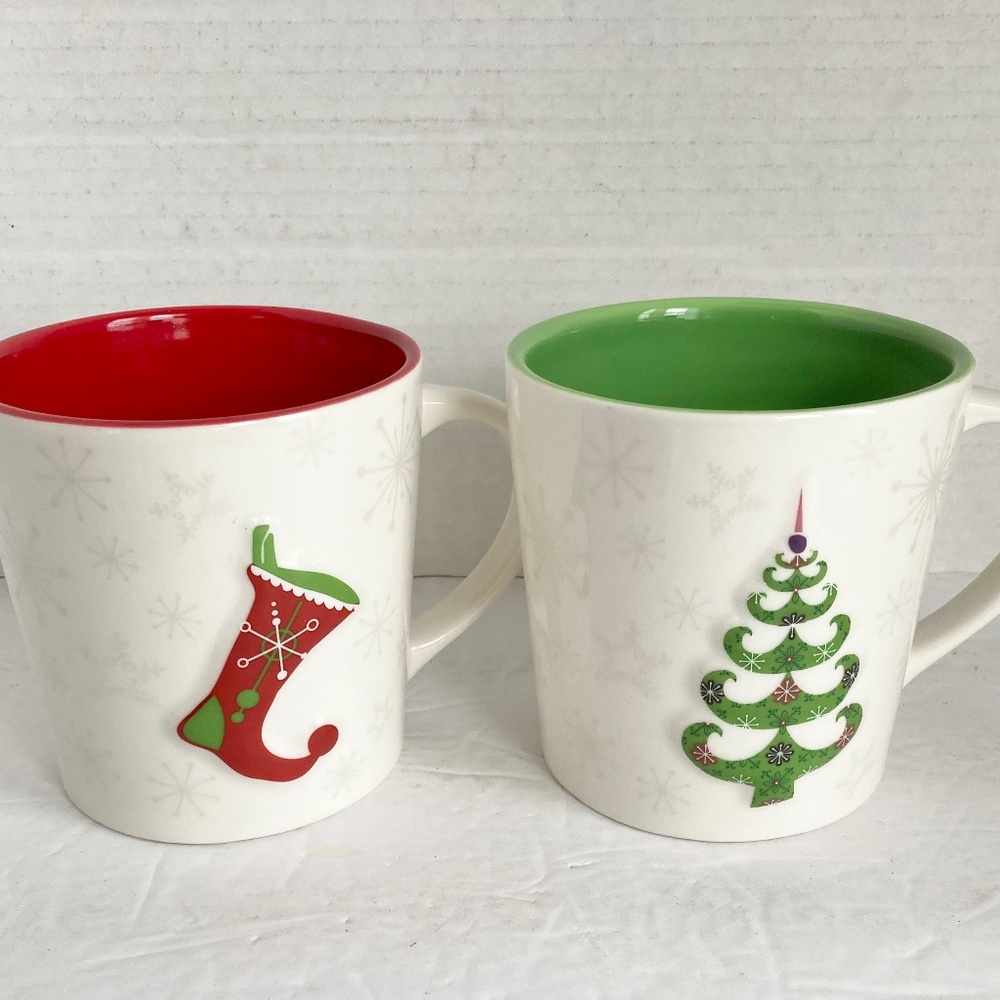 Starbucks Coffee Mug Set of 2 Christmas Stocking Tree Cup 2006
